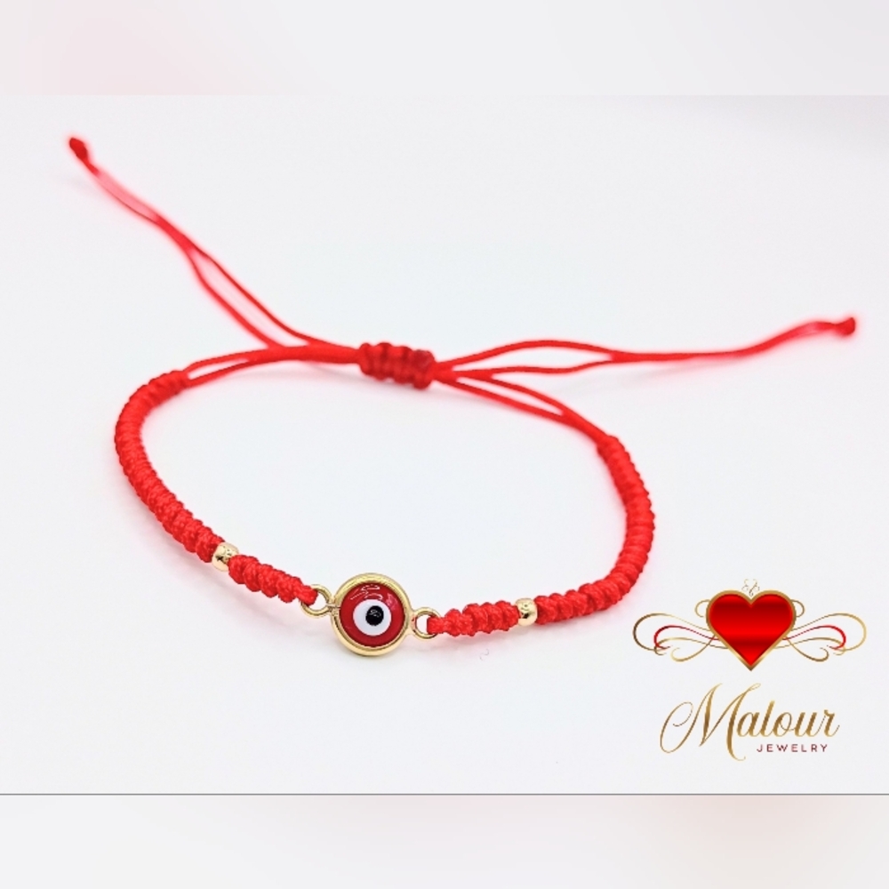 18K Solid Gold Evil Eye Bracelet • Peruvian Gold • Red Thread Protection Charm